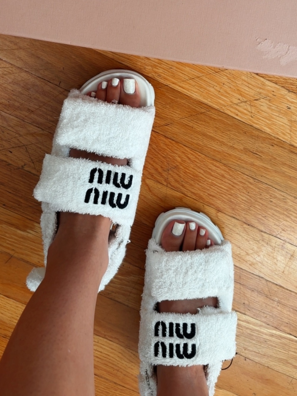 NEW MIU MIU Sz 5 , 5.5, 6 SANDALS 35 Terry cloth White Sponge Logo Slides $900+